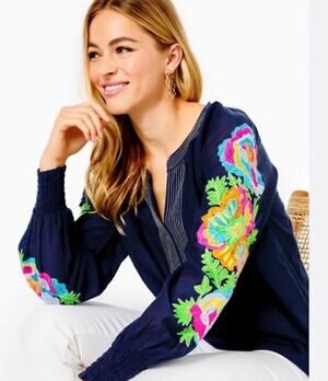 Lilly Pulitzer XXS Navy Embroidered Tunic Blouse Floral Sleeve Cotton Boho Top